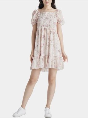 Black Tape | Floral Smocked Tiered Maxi Dress Pink Cream Puff Sleeve Cottagecore